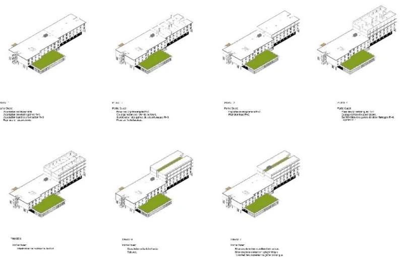 Schémas 3D des 14 phases successives du projet de surélévation, chaque image montre l'état du bâtiment à la fin de la phase correspondante